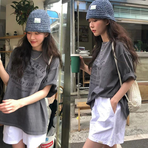新款韩系夏季灰色纯棉字母印花薄款男女百搭宽松遮臀ins体恤上衣