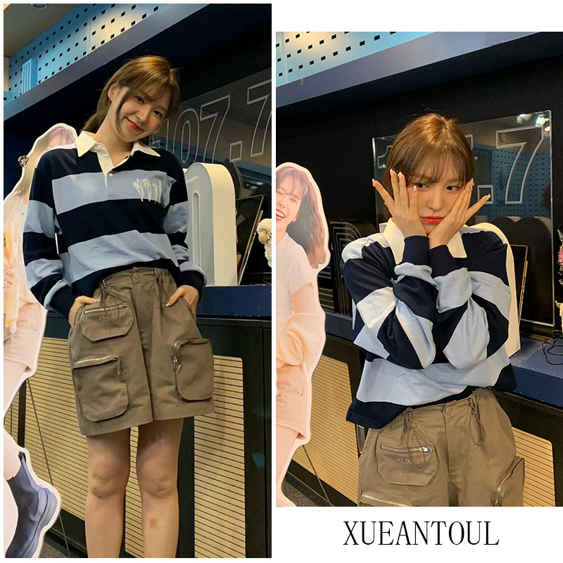 条纹立领polo衫纽扣衬衫卫衣