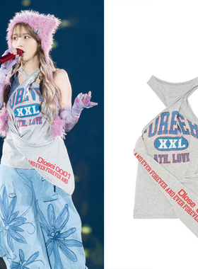 iu李知恩首尔背心吊带辣妹性感不规则工装圆领夏季上衣字母印花女