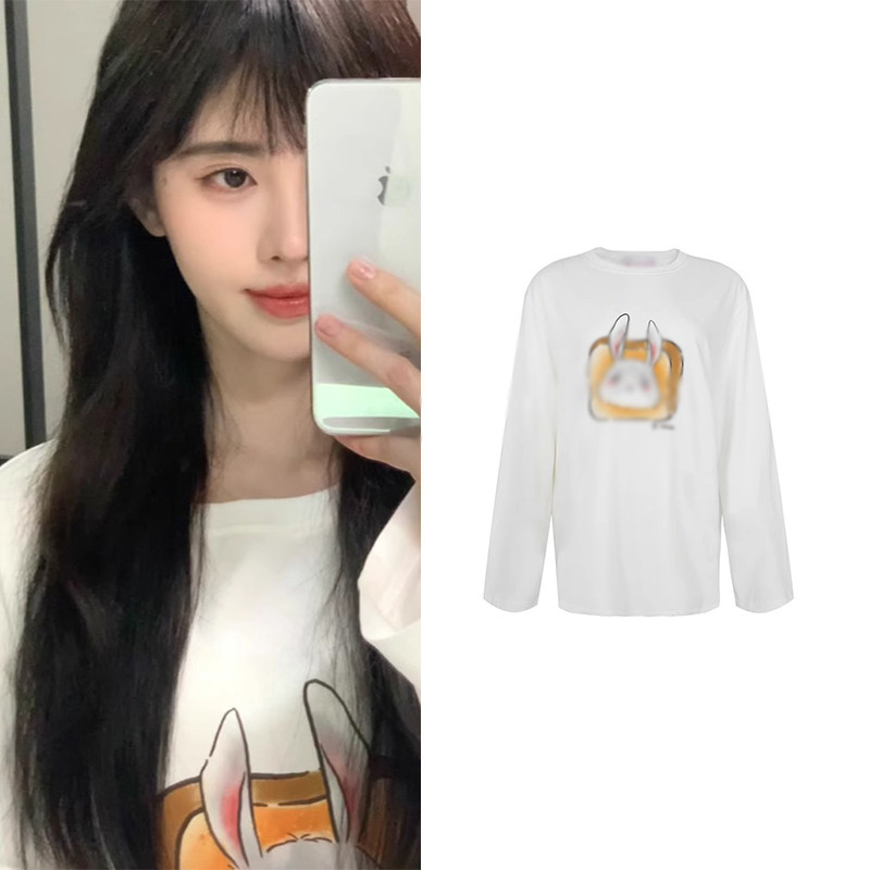 鞠婧祎明星同款可爱卡通小兔子新款长袖男女T恤日系打底白色韩系