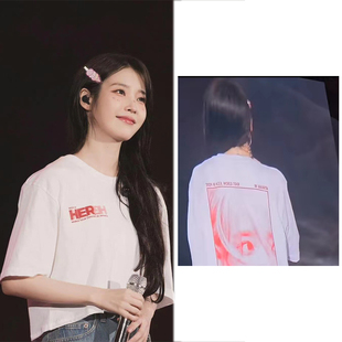 IU李知恩同款短款宽松字母图像印花T恤衫短袖夏季圆领纯棉上衣女