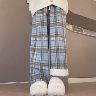 毛呢格子阔腿裤女秋冬季加厚棉裤直筒宽松小个子冬天加绒裤子外穿