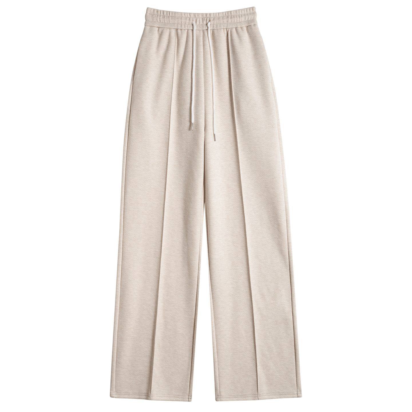 人字纹毛呢阔腿裤女秋冬季加厚加绒裤子宽松小个子羊毛窄版直筒裤