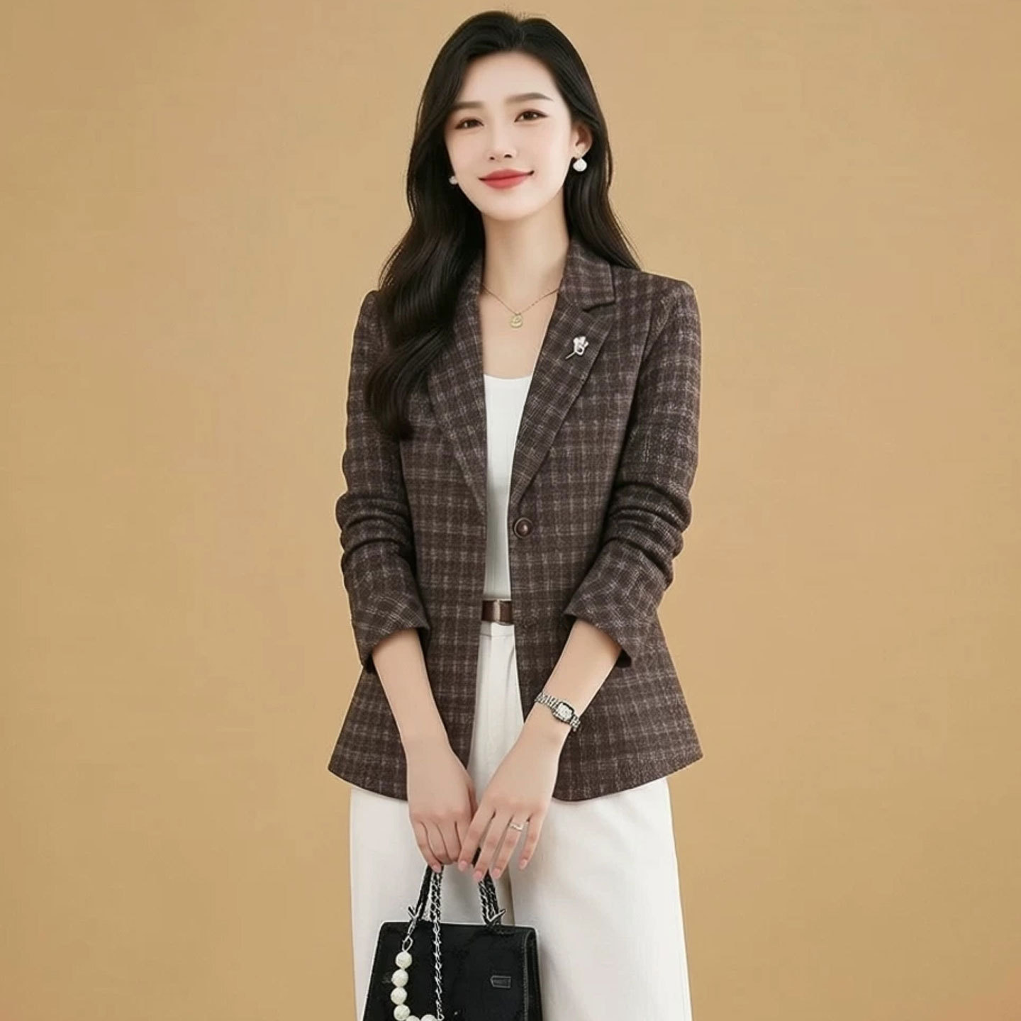 2026春秋季新款复古格纹小西装外套短款中青年女装显瘦西服小个子