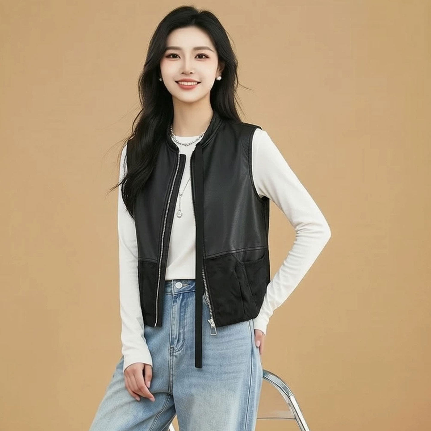 2026秋季新款韩版复古pu皮机车马甲女圆领拉链宽松无袖坎肩仿皮衣