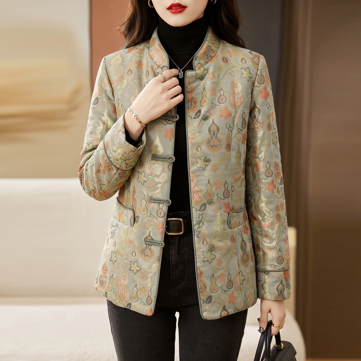 新中式时尚棉衣外套短款女2026冬季新款洋气显瘦提花棉服保暖棉袄