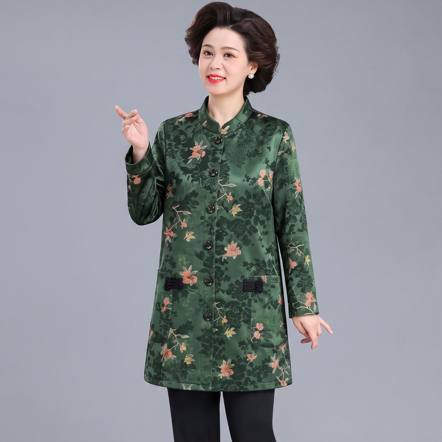 新中式提花立领外套中长款中老年妈妈女春秋宽松气质开衫风衣大衣