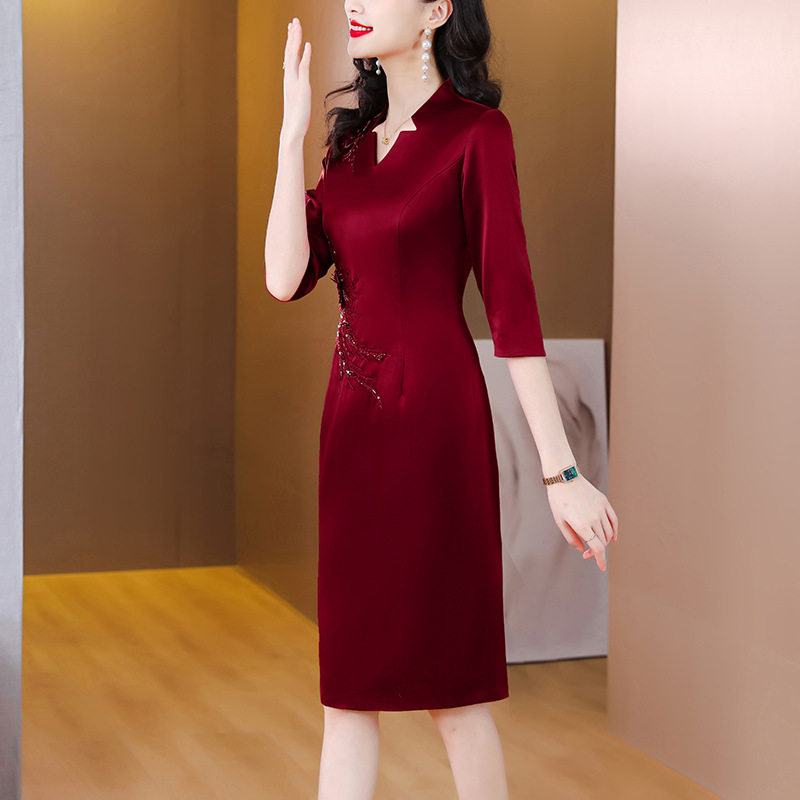 喜婆婆婚宴装醋酸缎礼服裙2026春秋季新款时尚优雅复古修身连衣裙