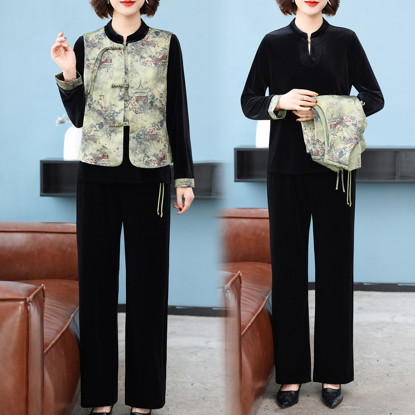 新中式妈妈春装金丝绒套装端庄大气马甲内搭阔腿裤中老年人三件套