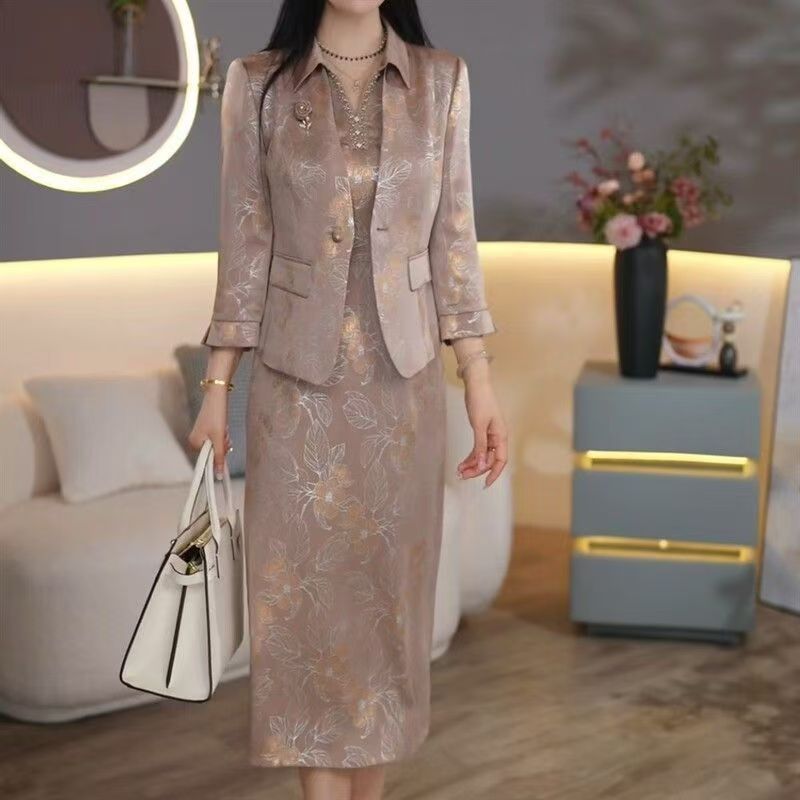 中青年女装2026夏季新款遮肉气质减龄显瘦长袖连衣裙外套两件套装