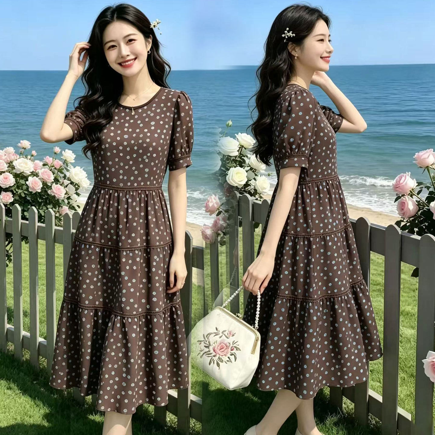 2026夏季新款中青年女装过膝长裙中年妈妈装短袖蛋糕裙波点连衣裙