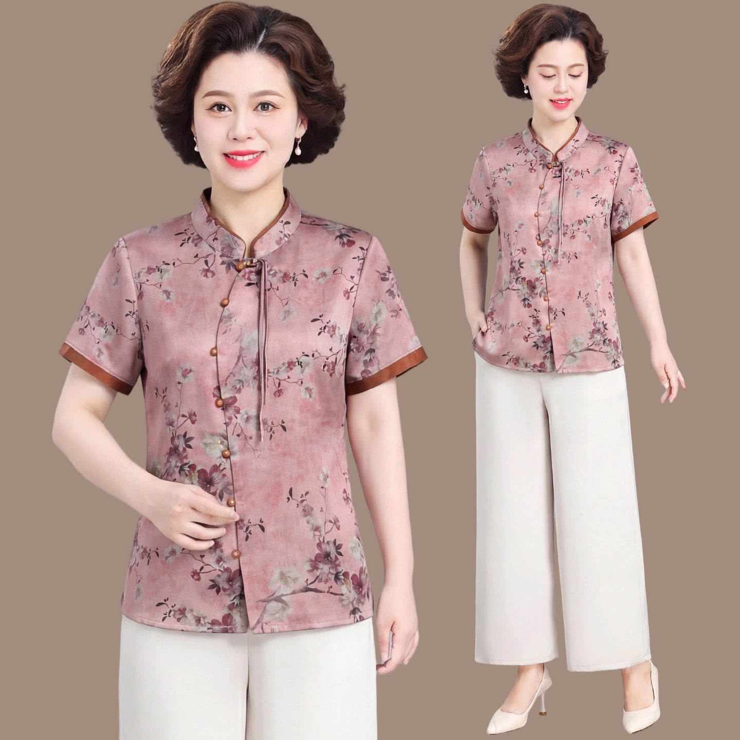 奶奶衬衫夏季短袖上衣70岁80老太太衬衣服老年人女阔腿裤两件套装
