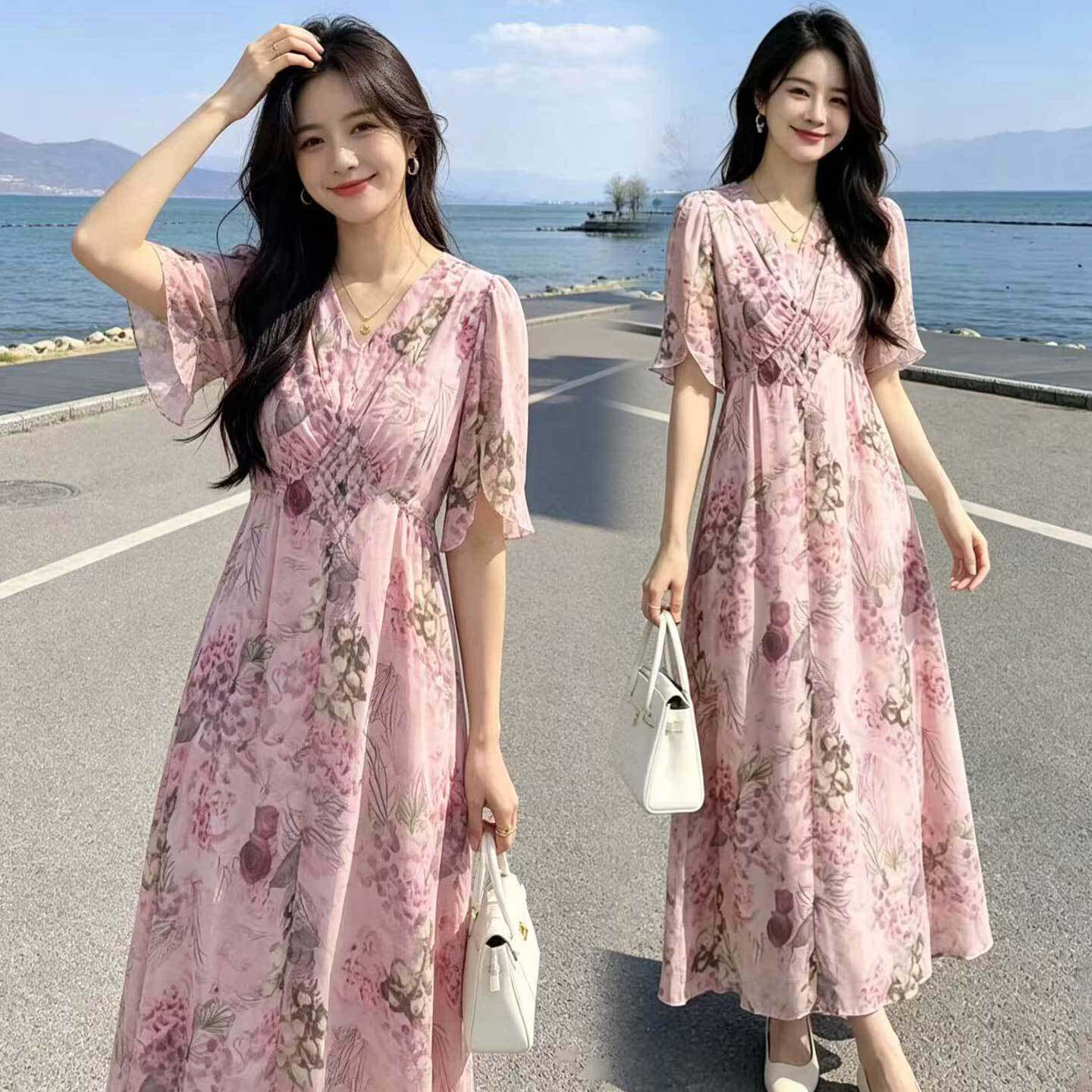 中青年女装新款2026夏季短袖连衣裙收腰显瘦中年妈妈装过膝长裙子