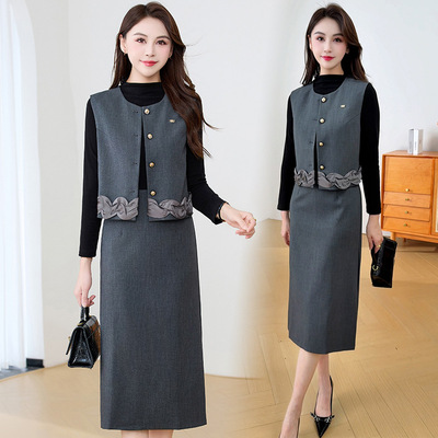 中年妈妈装春秋季新款马甲外套无袖连衣裙套装中青年女装两件套装