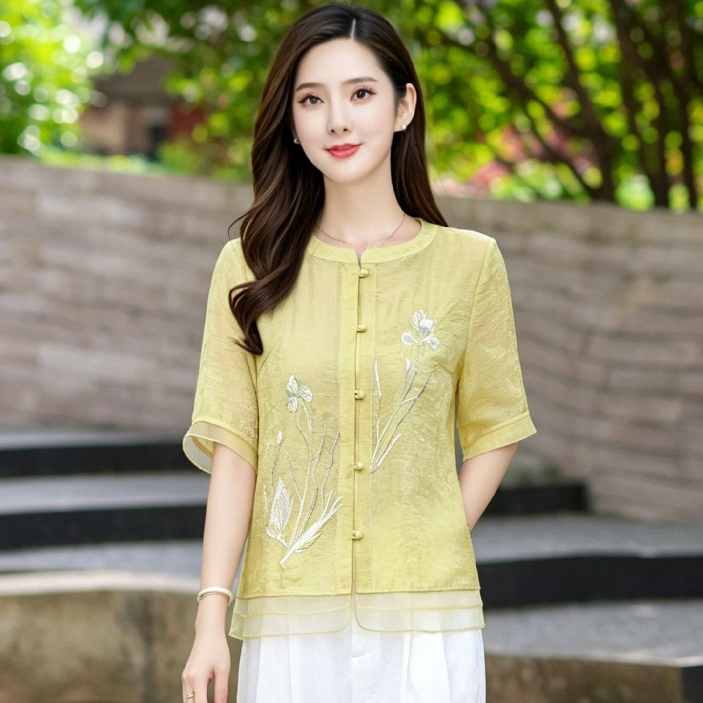 时尚小衫中青年女装透气桑蚕丝薄款衬衣中年妈妈夏装衬衫冰凉上衣