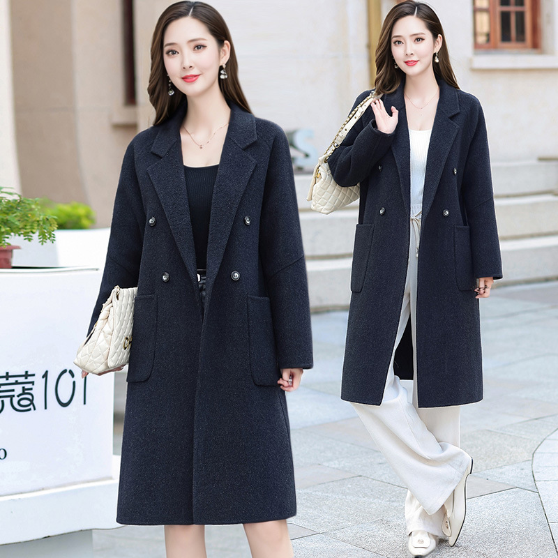 2025秋冬新款羊毛绒大衣呢子外套中青年女长袖纯色带兜显瘦双排扣