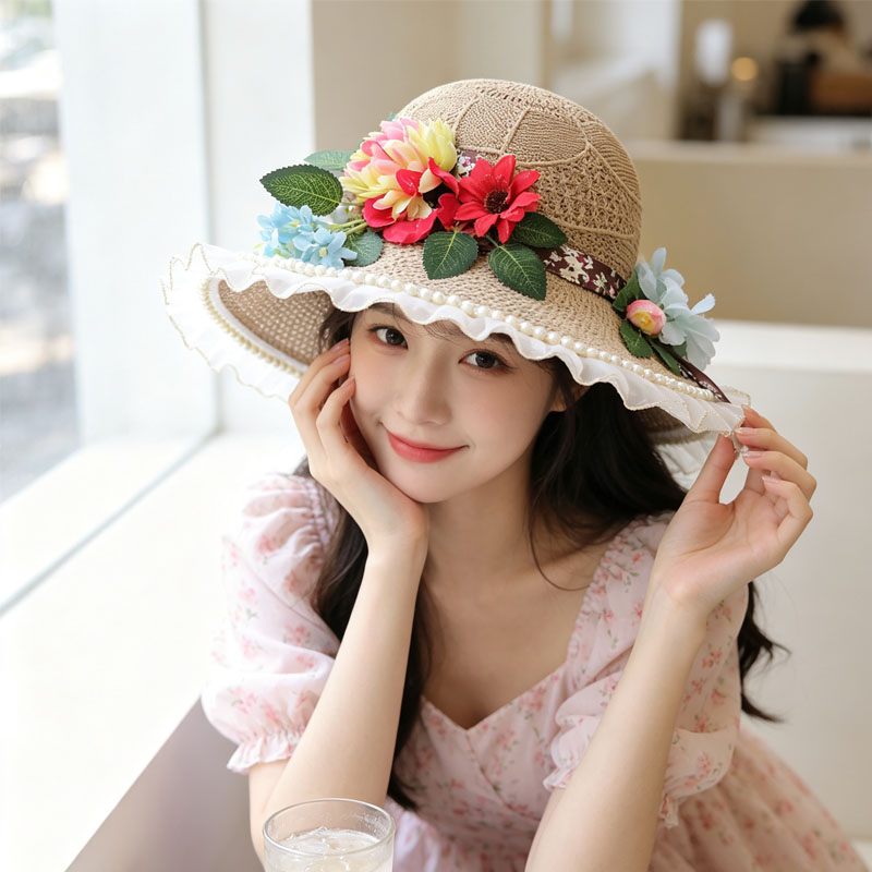 甜美立体花朵装饰帽旅行女夏季宽檐蕾丝珍珠仿草编织度假拍照帽子