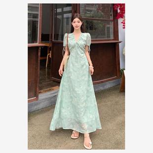 连衣裙女夏季 大码 甜美碎花短袖 女装 微胖mm遮肚显瘦设计感长裙 法式