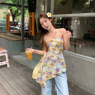 INS修身 上衣 不規則油畫風印花抹胸收腰顯瘦背心無袖 碎花設計夏季