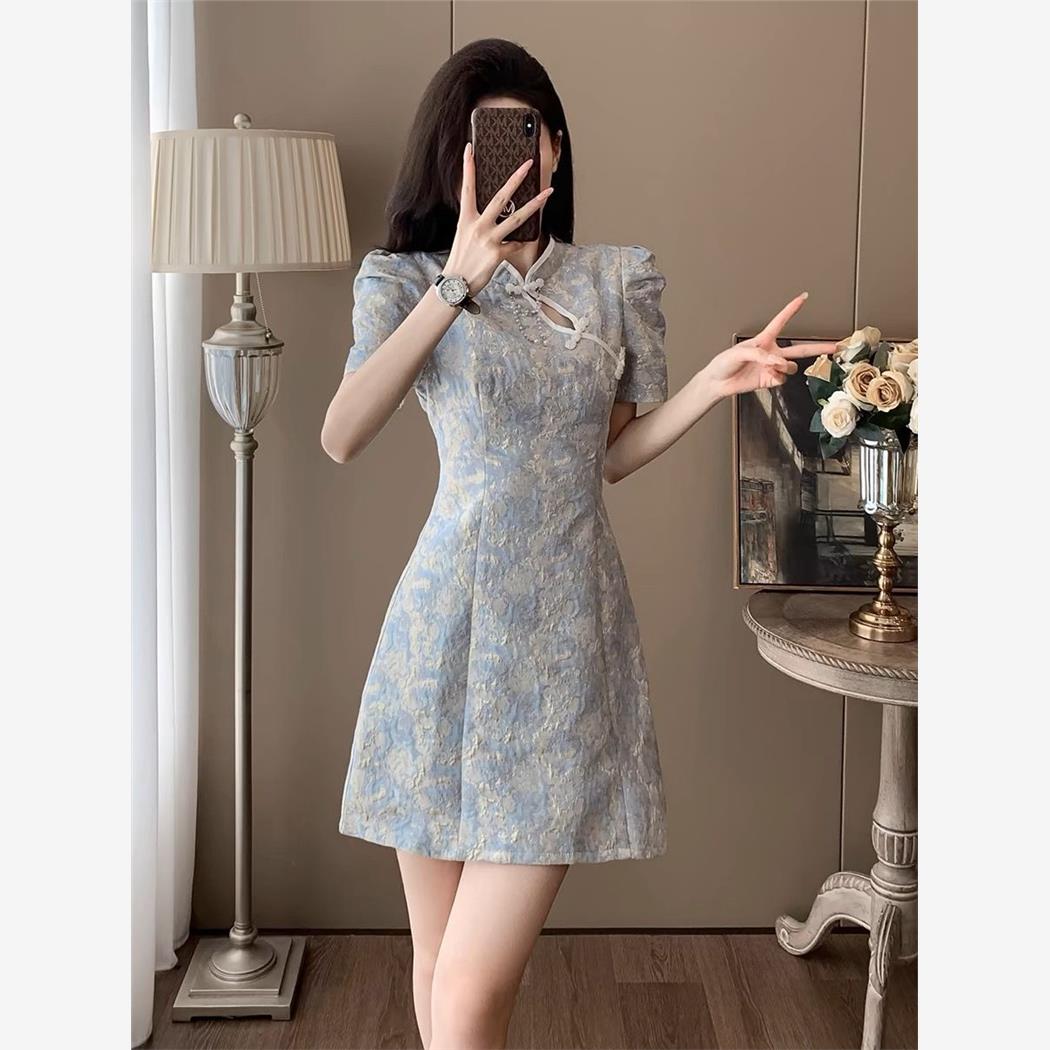 夏季旗袍新中式女装中国风裙子小个子设计感气质泡泡袖a字连衣裙