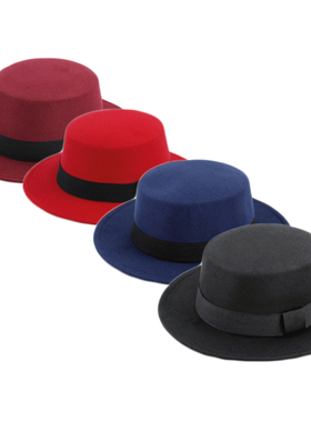 秋冬礼帽英伦黑色平顶帽韩版赫本绅士爵士帽平檐毛呢宽檐男女帽子