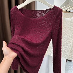 蕾丝打底衫 显瘦性感镂空修身 女 内搭瑜伽t恤春秋冬上衣女新款 长袖