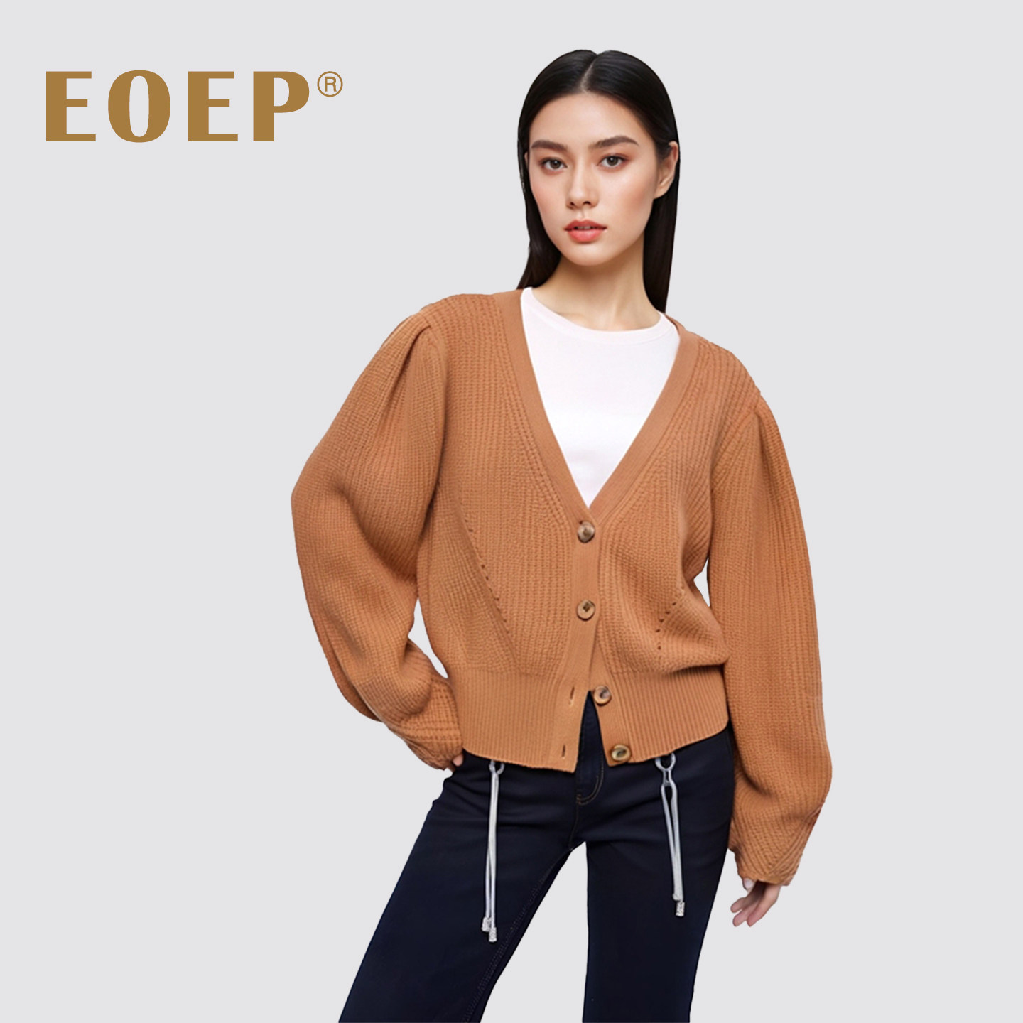 气质针织开衫女短款v领长袖泡泡袖灯笼袖羊毛毛衣外套厚春秋 外穿