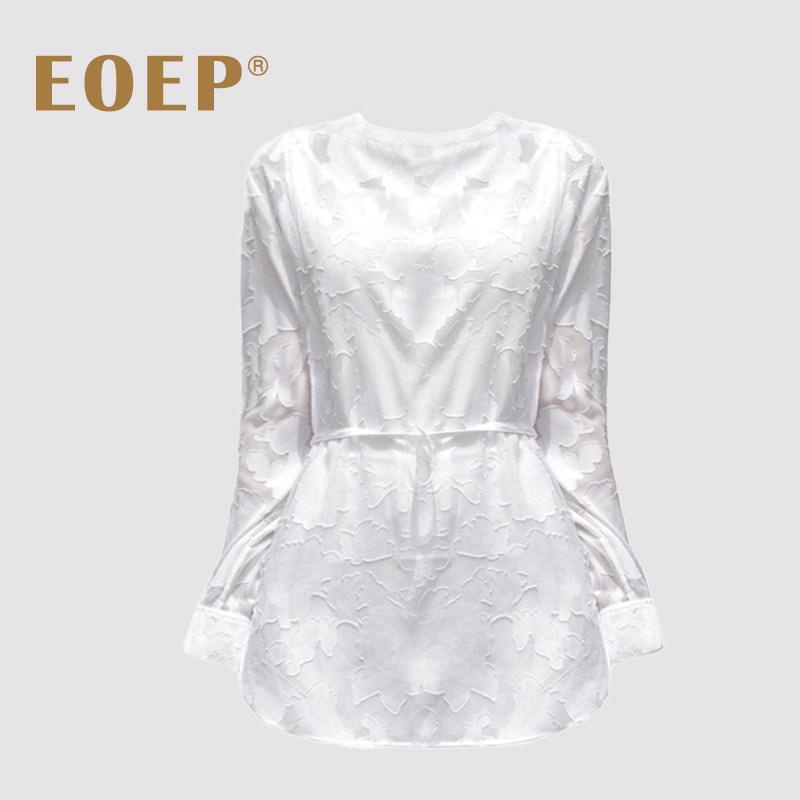 小众设计师款！圆领长袖衬衫系带中长款剪花绡上衣夏薄款简约气质