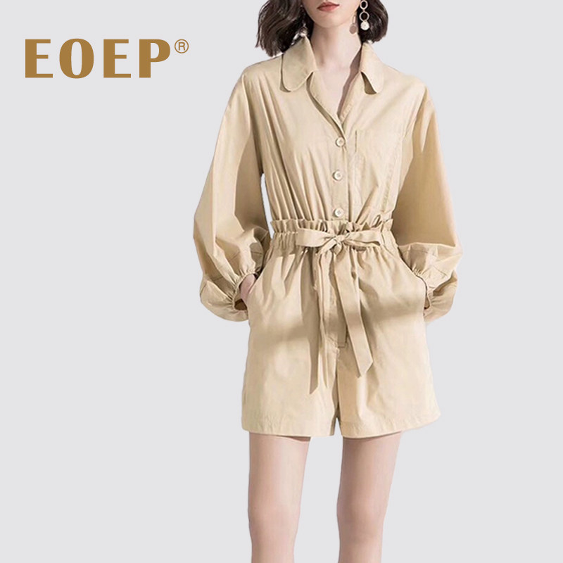 小众设计感连体裤女夏阔腿连衣短裤高腰显瘦灯笼袖简约纯色卡其色