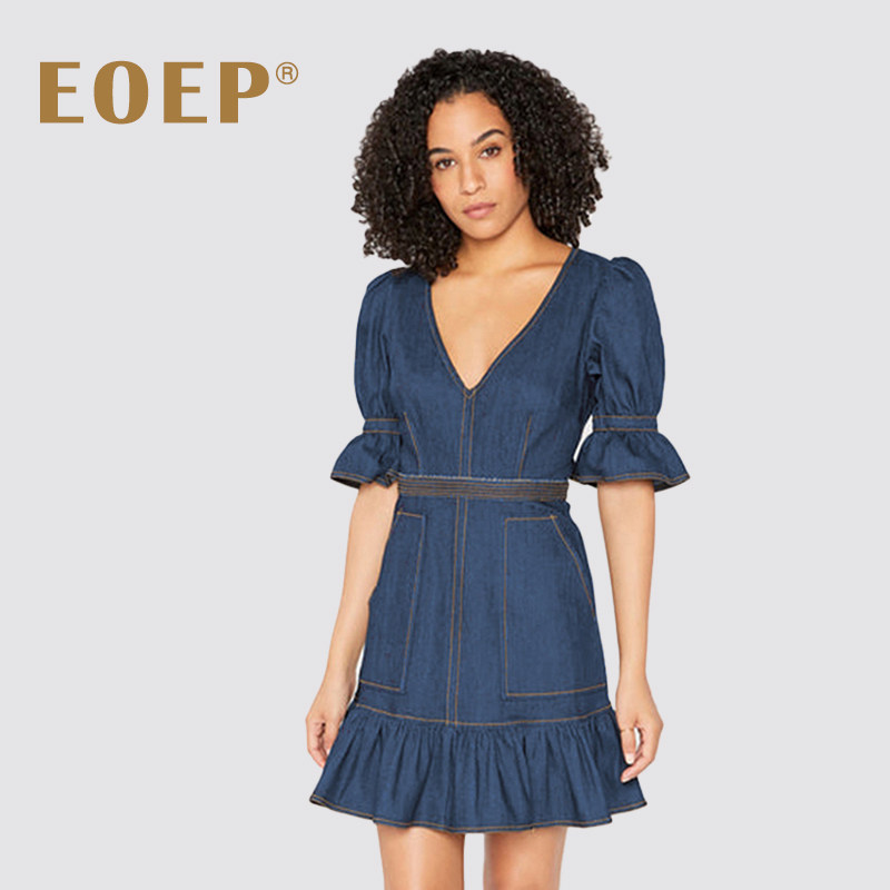 法式老钱风！牛仔连衣裙夏短袖V领荷叶边高腰a字裙短裙收腰短款