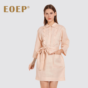 老钱风！亚麻连衣裙夏中袖直筒小翻领衬衫裙系腰带简约纯色灰粉色