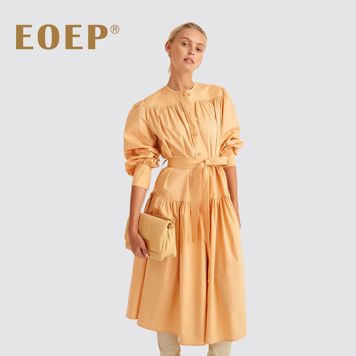 小众设计师款!衬衫连衣裙圆领长袖中长款a字裙大摆系腰带纯色春秋