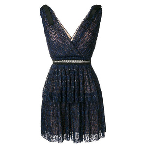 轻奢风 蕾丝蛋糕裙连衣裙无袖V领收腰显瘦短款夏蓝色生日主持礼服