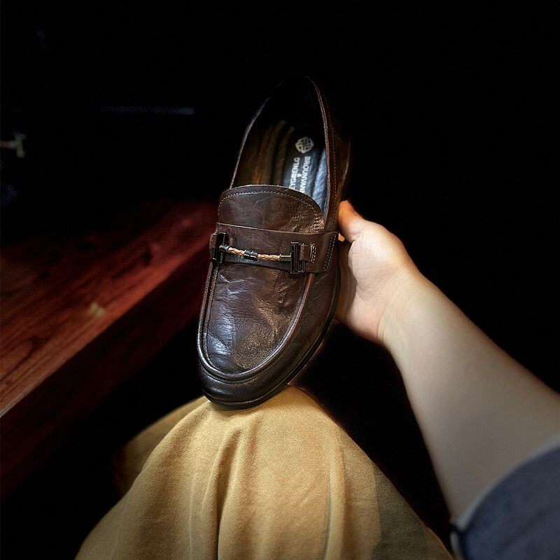 春夏新品英伦复古风手工擦色真皮男鞋头层牛皮软底软面低跟乐福鞋