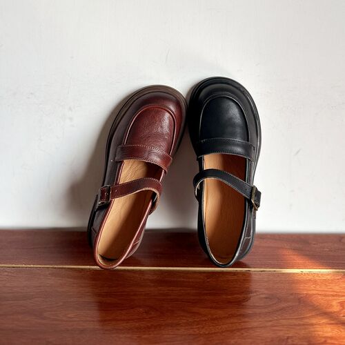 自制款头层牛皮中跟圆头玛丽珍鞋