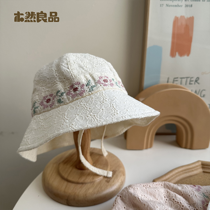 木然良品女宝帽子2024夏季新款重工蕾丝渔夫帽女宝宝花盆帽MR017C