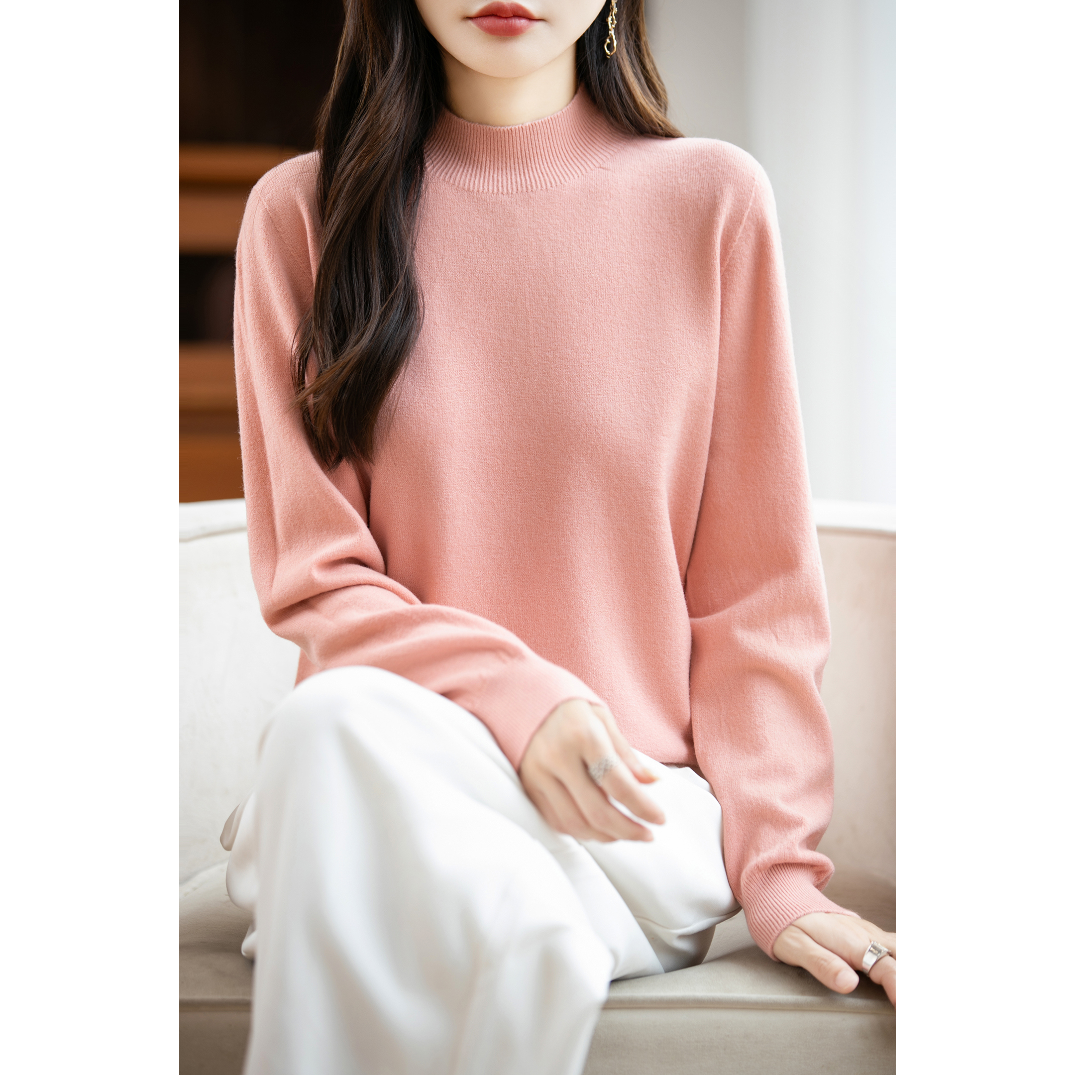 安迪绒一线成衣半高领羊毛衫宽松打底针织毛衣女