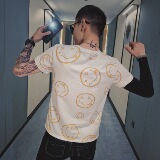 夏季红同款短袖男精神小伙圆领宽松半袖T恤笑脸印花TX01P35，男装T恤，电商A1018-1