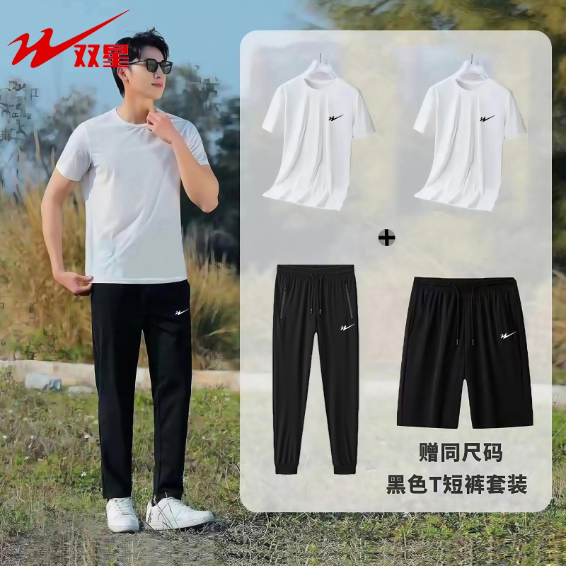 双星运动套装男夏季新款冰丝速干t恤休闲跑步健身服短袖长裤套装