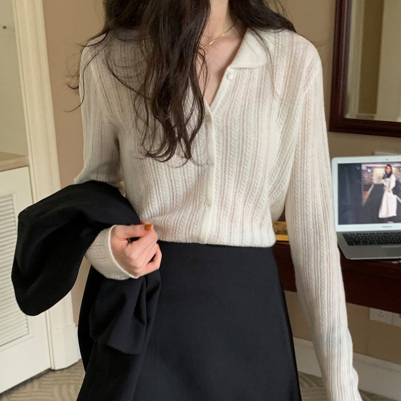 法式娃娃领镂空薄款羊绒针织开衫女春秋宽松羊毛短款内搭毛衣外套