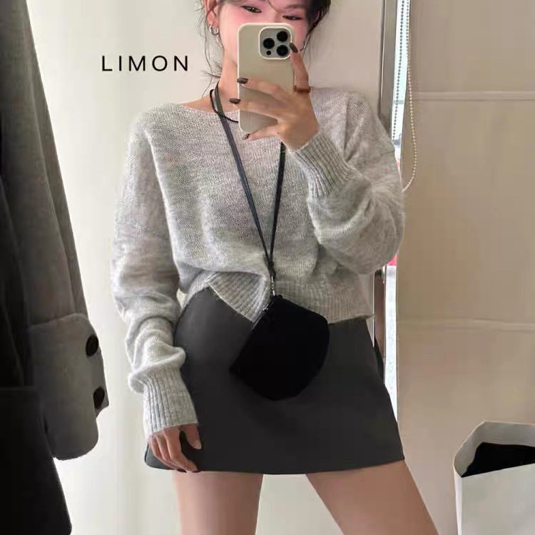 秋冬款100%羊毛衫女卷边一字领短款针织羊毛衫小个子时尚打底毛衣