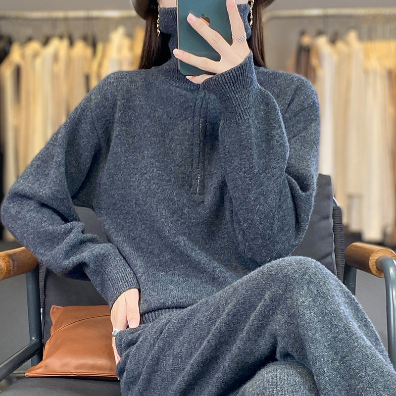 2025秋冬新款100%纯羊毛针织套装女宽松毛衣阔腿裤时尚气质两件套