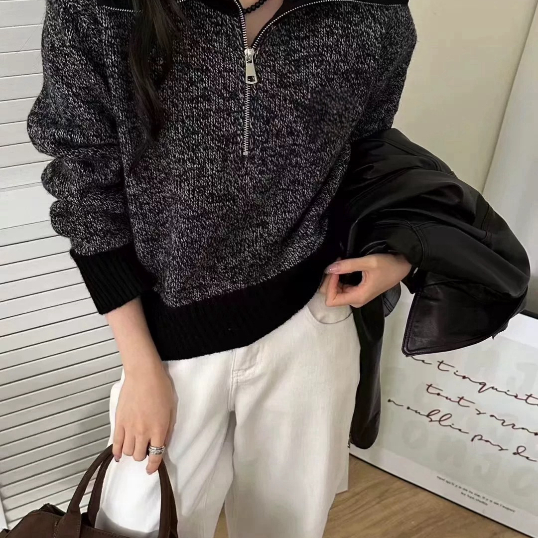 100%纯羊毛衫女翻领半开领毛衣