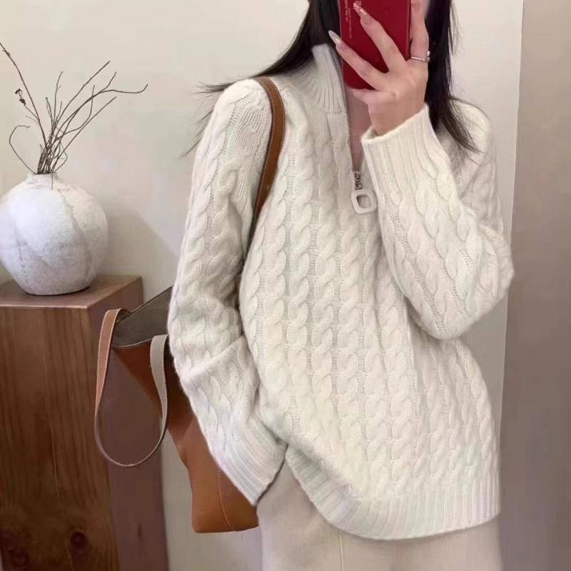 秋冬经典时尚纯羊毛衫女半高领拉链毛衣女麻花宽松加厚针织衫冬