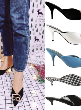 穆勒鞋2022春夏新款凉鞋高跟鞋包头双BB扣字母V口细跟尖头拖鞋女