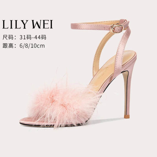 LilyWei时装凉鞋露趾羽毛一字带