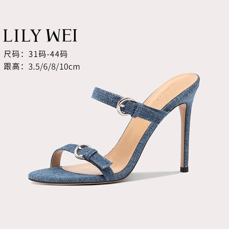 Lily Wei【千禧辣妹】蓝色牛仔半托高跟鞋细跟腰带凉鞋大码41一43