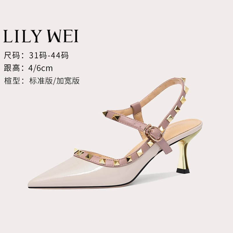 Lily Wei包头凉鞋铆钉细跟后空时尚高跟鞋夏季新款英伦风优雅女鞋