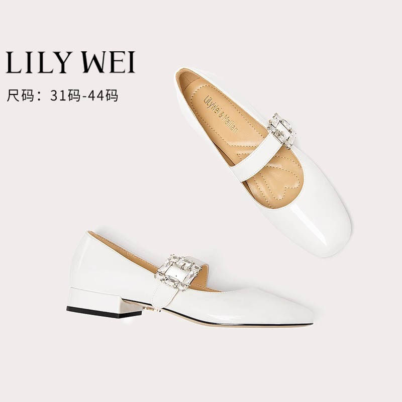 Lily Wei2025新款白色奶油平底鞋水钻一字带玛丽珍单鞋小码313233