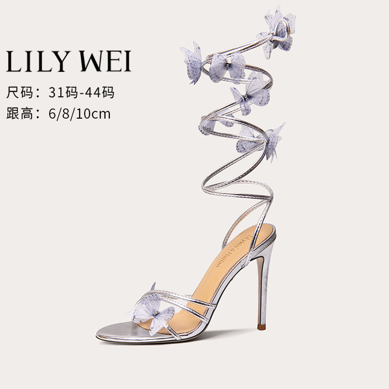 Lily Wei【紫妍】夏季新款蝴蝶结高跟鞋性感绑带凉鞋大码女41一43